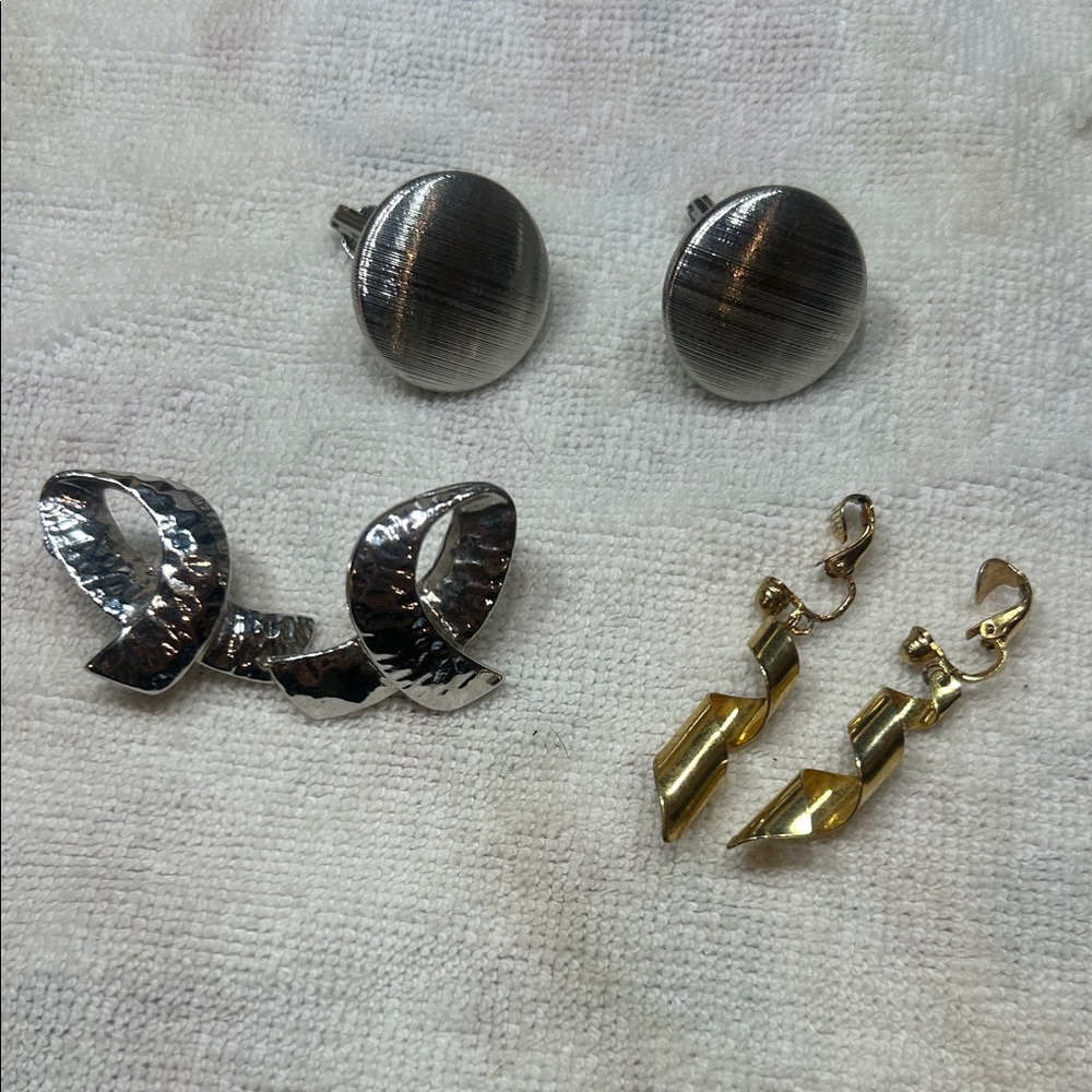 Vintage Silver and Gold set of 3 Mixed-Metal Clip On Earring Lot